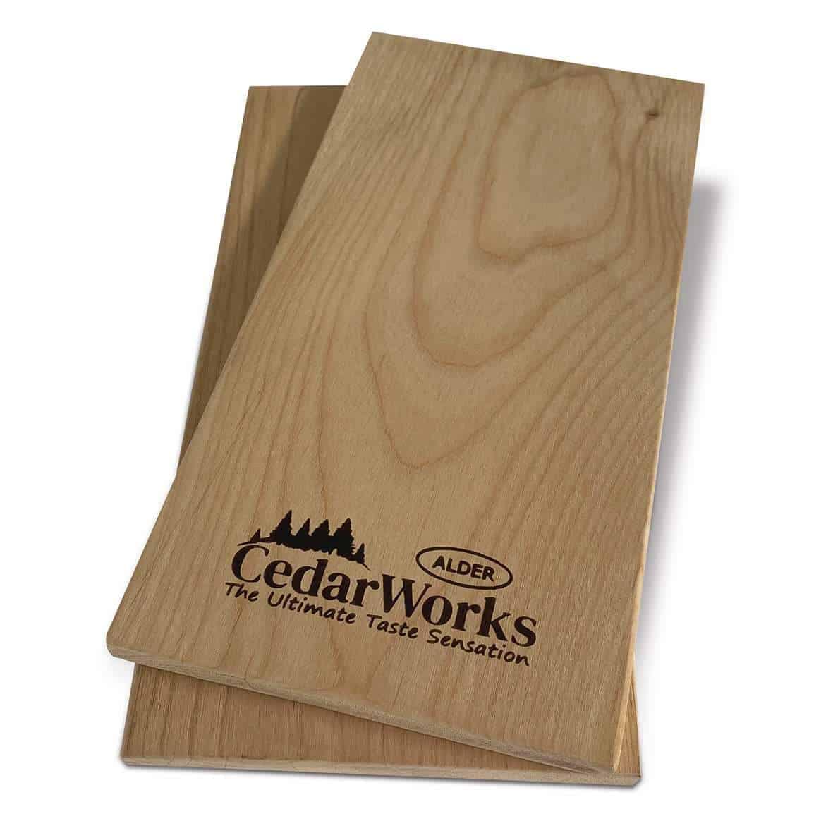 Smooth natural cedar wood chopping board with Cedar Works logo, ideal for kitchen use and food preparation, showcasing high-quality timber craftsmanship.