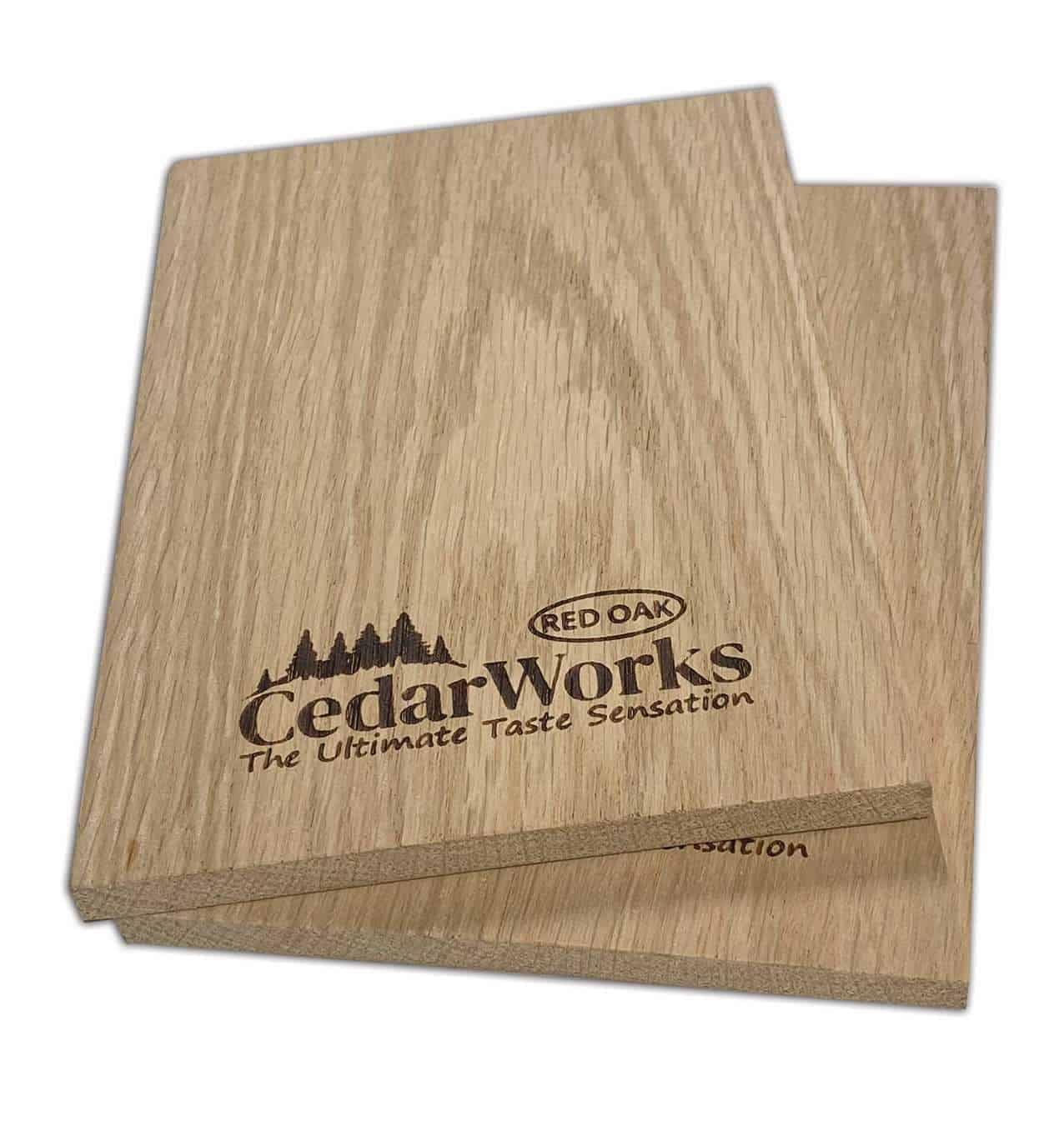 Premium cedar wood sample from Cedar Works with "Red Oak" branding, showcasing high-quality, eco-friendly timber for furniture and construction projects.