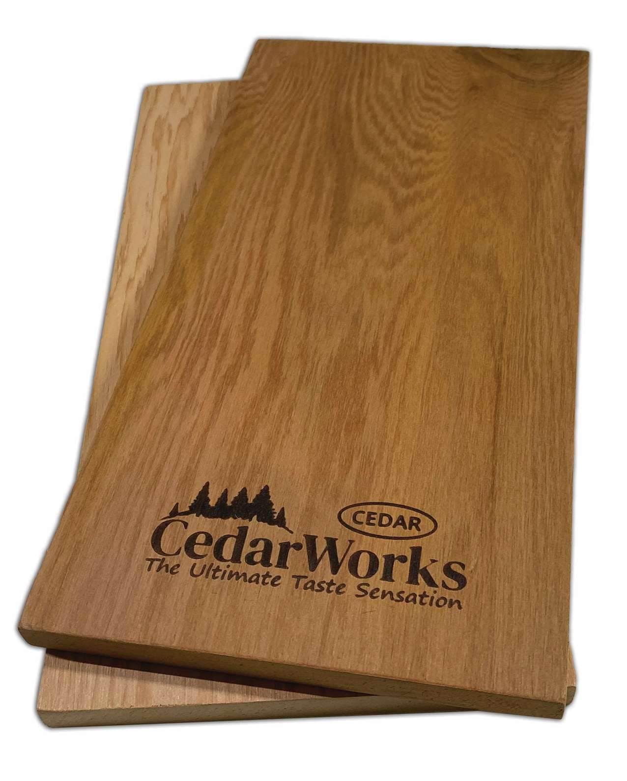 Carefully crafted cedar wood sample with Cedar Works logo and branding for high-quality timber products.