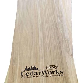 Hickory wood tasting plank with Cedar Works branding for barbecues and cooking demonstrations, showcasing high-quality, durable cedar wood for culinary presentations.
