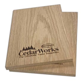 Premium cedar wood sample from Cedar Works with "Red Oak" branding, showcasing high-quality, eco-friendly timber for furniture and construction projects.