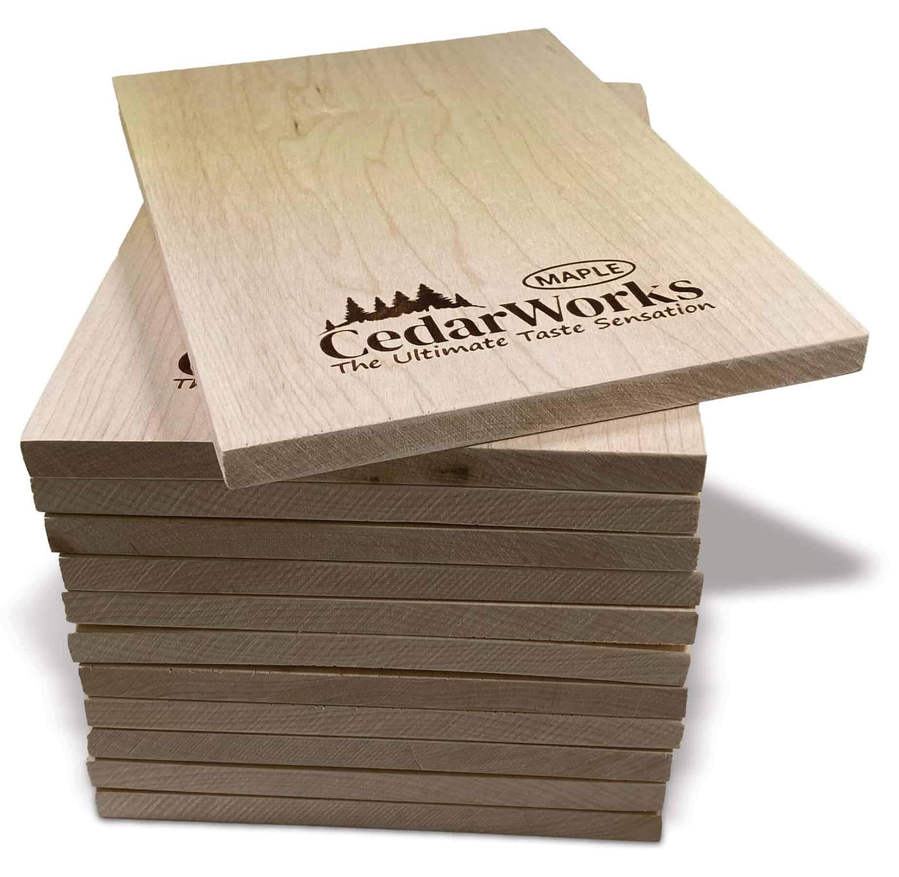 Natural maple cedar wood samples with Cedar Works logo, showcasing high-quality, handcrafted wooden products for taste and aesthetic appeal.