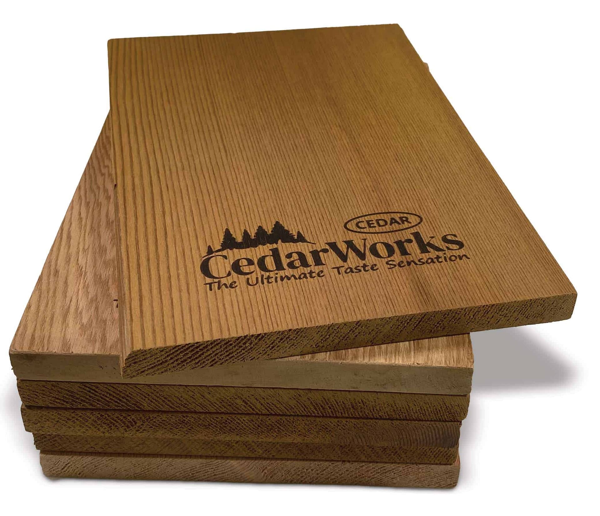 Smooth cedar wood sample with Cedar Works logo and branding for premium quality cedar products.