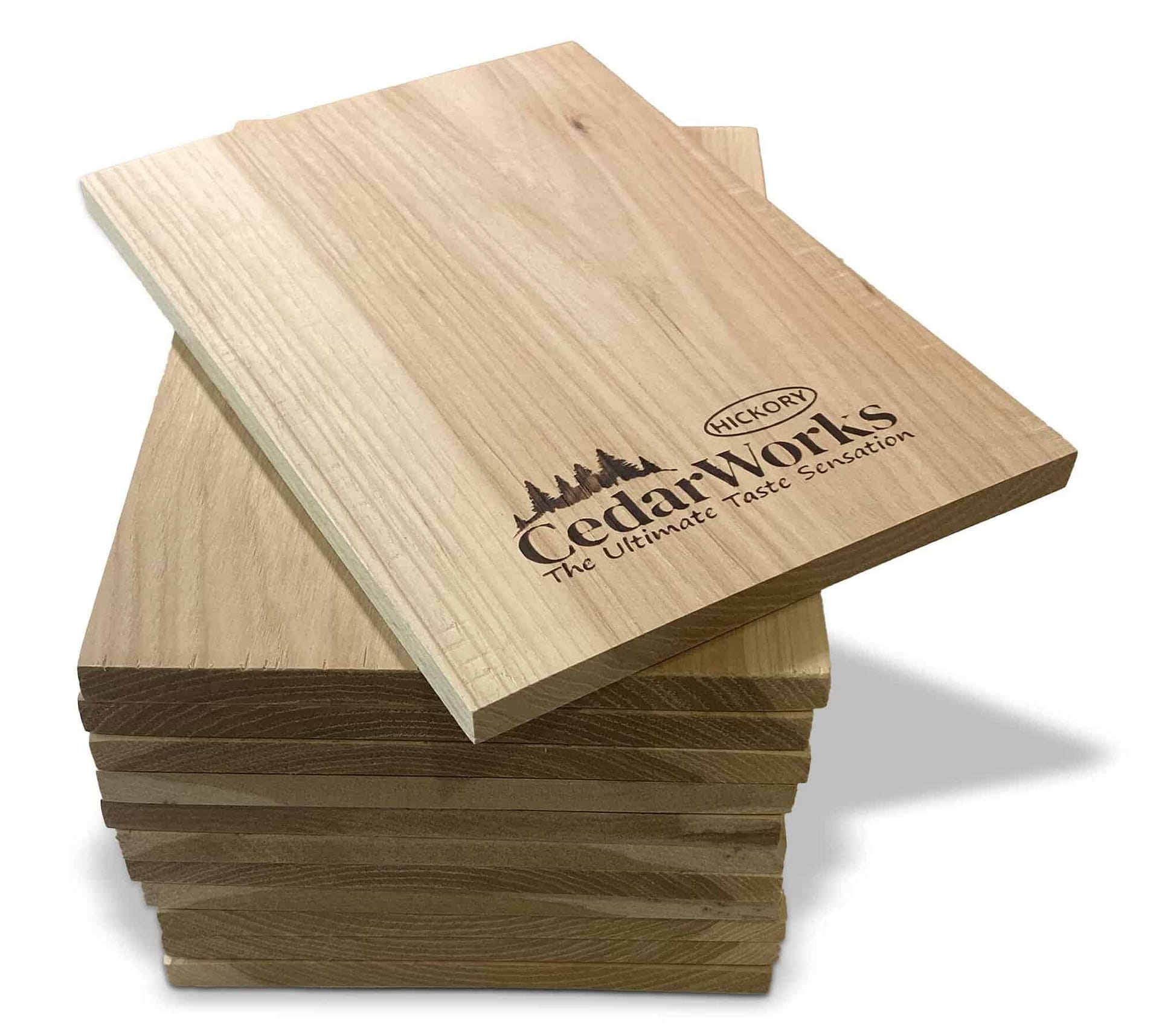 Sustainable cedar wood sample stack with Cedar Works and Hickory logos, ideal for custom woodworking projects and outdoor furniture.
