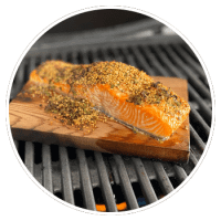 salmon on a cedar grilling plank with spices