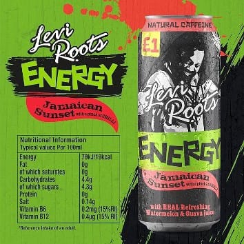 Cedar Works energy drink featuring Jamaican Sunset flavor with natural caffeine, nutritious nutritional info, and vibrant green and red design. Ideal for boosting energy and hydration.