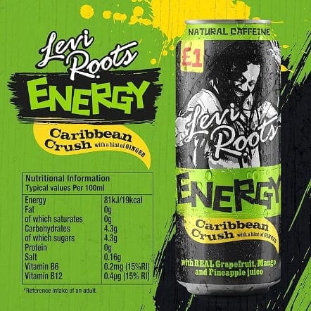 Vibrant Leni Roots Energy Caribbean Crush beverage can with natural caffeine, featuring grapefruit, mango, and pineapple juices for a refreshing energy boost.