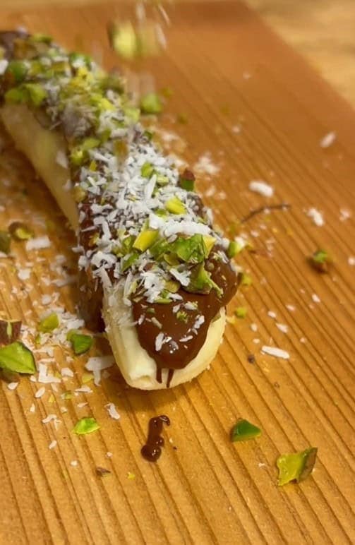 Cedar Wrap Grilled Chocolate Banana and Ice cream