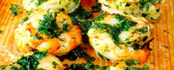 Pesto Coated Shrimps Smoked on a Natural Wood Plank