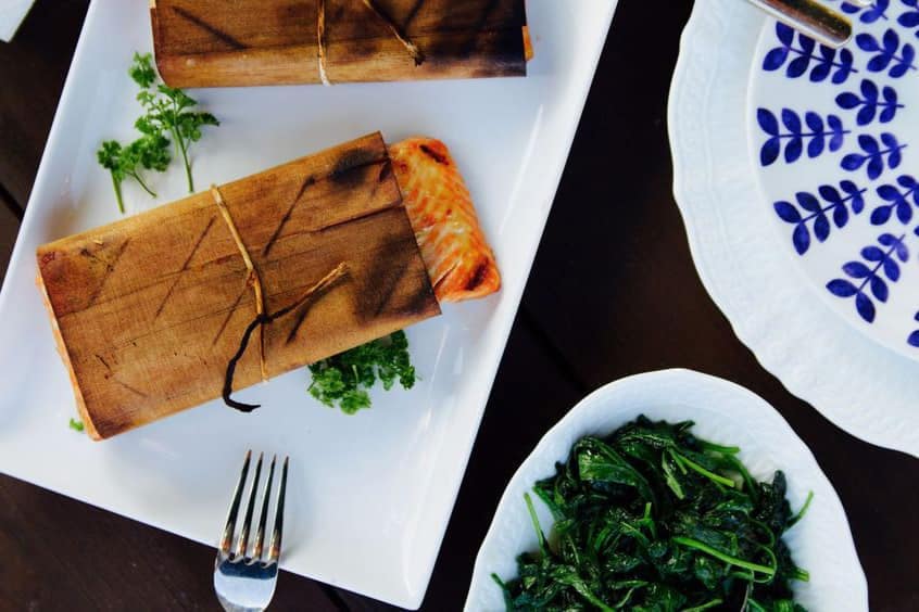 Natural Wood Wrapped Salmon with Asian Vegetables