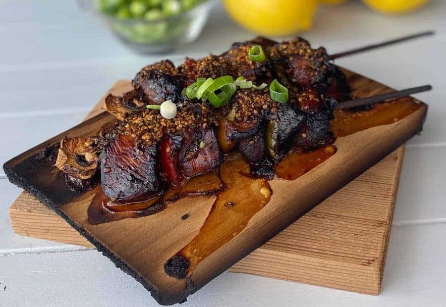 Grilling Kebabs using a Natural Wood Plank
